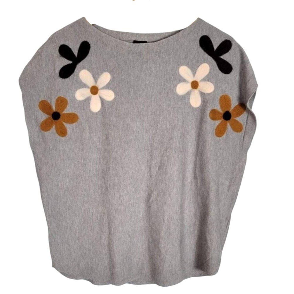 AAEDA Gray Felted Floral Sweater Top Boat Neck Knit L